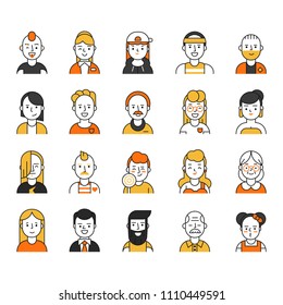 Users icon set in linear style. Various funny characters male and female. Avatar profile human face, man woman characters outline. Vector illustration