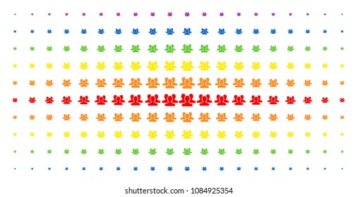 Users icon spectral halftone pattern. Vector users shapes are organized into halftone array with vertical spectrum gradient. Designed for backgrounds, covers, templates and abstraction concepts.