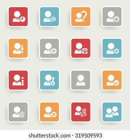 Users icons with color buttons on gray background.