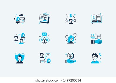 Users icons set vector illustration. Collection consist of profile, communication, messaging, video calling and social media symbols flat style concept. Isolated on white