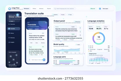 Users interact with Lingo Flow to translate languages and analyze data. The platform displays language pairs and translation options in a clear setup. This occurs during the day.