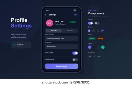 Os usuários interagem com uma tela de configurações de perfil em um dispositivo móvel, atualizando detalhes da conta, gerenciando notificações e configurações do modo escuro em um layout simples.
