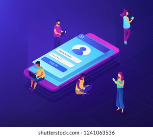 Usuarios con laptops, tablets y smartphone con inicio de sesión en la página con nombre y contraseña. Página de inicio de sesión, pantalla móvil, concepto de formulario de inicio de sesión de usuario. Ilustración 3D isométrica del vector de neón ultravioleta.