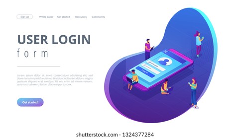 Benutzer mit Laptops, Tablets und Smartphone mit Seitenabzeichen melden sich mit Namen und Passwort an. Melden Sie sich auf der Seite, mobile Bildschirm, User Login Form Konzept. Isometrische 3D-Website-App-Landing-Webpage-Vorlage