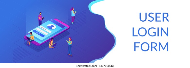 Users with laptops, tablets and smartphone with sign in page log in with name and password. Sign in page, mobile screen, user login form concept. Isometric 3D banner header template copy space.