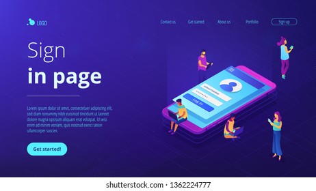 Users with laptops, tablets and smartphone with sign in page log in with name and password. Sign in page, mobile screen, user login form concept. Isometric 3D website app landing web page template