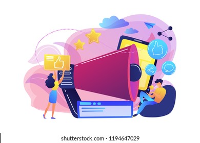 Users with like and share icons and megaphone. Like comment share giveaway, social networks promotion, like farming concept on white background. Bright vibrant violet vector isolated illustration