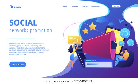 Users with like and share icons and megaphone. Like comment share giveaway, social networks promotion, like farming concept on white background. Website vibrant violet landing web page template.