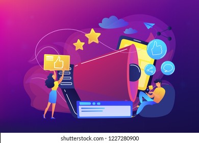 Users with like, share icons and megaphone. Like comment share giveaway, social networks promotion, like farming concept on ultraviolet background. Bright vibrant violet vector isolated illustration