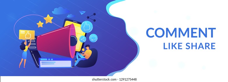 Users with like and share icons and megaphone. Like comment share giveaway, social networks promotion, like farming concept on white background. Header or footer banner template with copy space.
