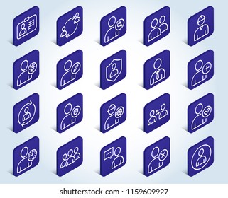 Users line icons. Profile, Group and Support signs. ID card, Teamwork and Businessman symbols. Person talk, Engineer and Human Management. Flat design isometric buttons. 3d design concept. Vector