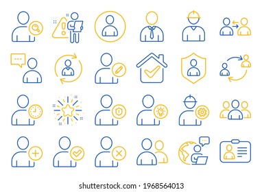 Users line icons. Profile, Group of people and Support signs. ID card, Teamwork people and Businessman user symbols. Person talk, Engineer profile and Human Management. Job support. Vector