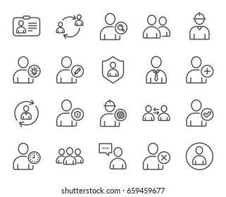 Users line icons. Profile, Group and Support signs. ID card, Teamwork and Businessman symbols. Person talk, Engineer and Human Management. Quality design elements. Editable stroke. Vector