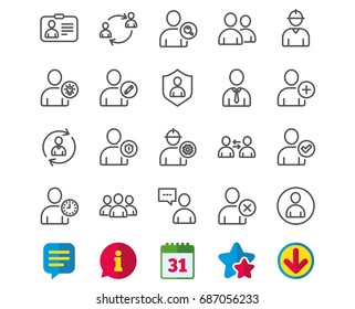 Users line icons. Profile, Group and Support signs. ID card, Teamwork and Businessman symbols. Person talk, Engineer and Human Management. Information, Calendar and Download signs. Chat and Stars