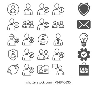 Users line icons. Profile, Group and Support signs. ID card, Teamwork and Businessman symbols. Person talk, Engineer and Human Management. Bonus classic signs. Editable stroke. Vector