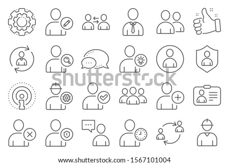 Users line icons. Profile, Group of people and Support signs. ID card, Teamwork people and Businessman user symbols. Person talk, Engineer profile and Human Management. Job support. Vector