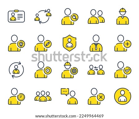 Users line icons. Profile, Group of people and Support signs. ID card, Teamwork people and Businessman user symbols. Person talk, Engineer profile and Human Management. Job support. Vector