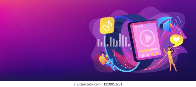 Users listening and huge smartwatch with player icon. Smartwatch player, smartwatch media and portable media player concept on white background. Header or footer banner template with copy space.