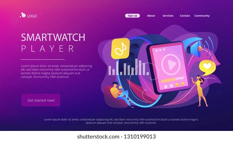 Users listening and huge smartwatch with player icon. Smartwatch player, smartwatch media and portable media player concept on white background. Website vibrant violet landing web page template.