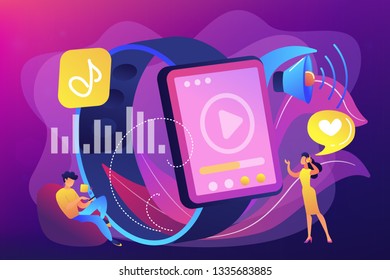 Users listening and huge smartwatch with player icon. Smartwatch player, smartwatch media and portable media player concept on white background. Bright vibrant violet vector isolated illustration