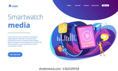 Users listening and huge smartwatch with player icon. Smartwatch player, smartwatch media and portable media player concept on white background. Website vibrant violet landing web page template.