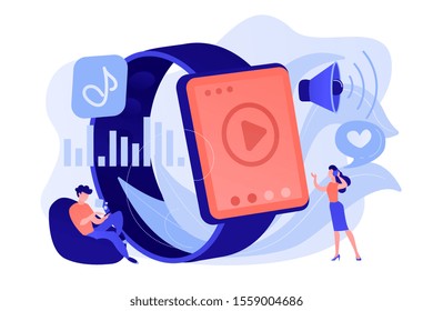 Users listening and huge smartwatch with player icon. Smartwatch player, smartwatch media and portable media player concept on white background. Pinkish coral bluevector isolated illustration