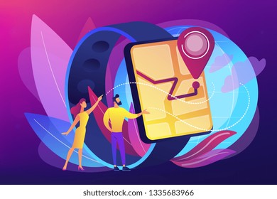 Users look at smartwatch with GPS navigation pin. Smartwatch navigation, outdoor GPS watch and smart GPS tracker concept on ultraviolet background. Bright vibrant violet vector isolated illustration