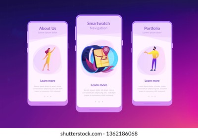Users looking at smartwatch with GPS navigation pin. Smartwatch navigation, outdoor GPS watch and smart GPS tracker concept on white background. Mobile UI UX GUI template, app interface wireframe