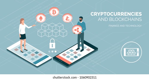 Users making payments with cryptocurrencies and blockchains online, finance and technology concept