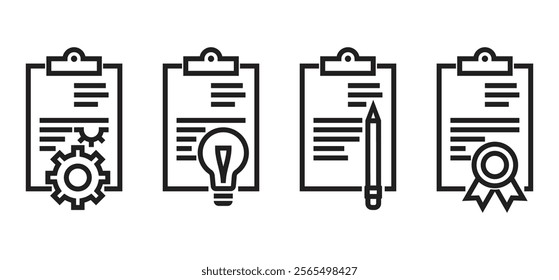 Users manual or agreement icons set - document with gear, lightbulb, pencil or guarantee seal. Pictograms in bold line