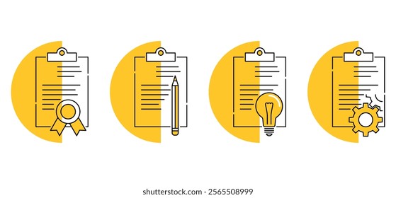 Users manual or agreement icons set - document with gear, lightbulb, pencil or guarantee seal. Pictograms in thin line and semicircle background