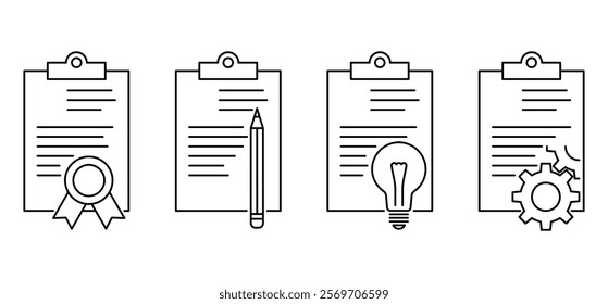 Users manual or agreement icons set - document with gear, lightbulb, pencil or guarantee seal. Pictograms in thin line