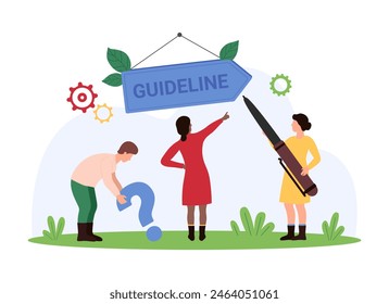 Users manual book, rules and advice for using brand product, compliance with regulations and procedures. Tiny people holding question mark, pointing to arrow Guideline sign cartoon vector illustration