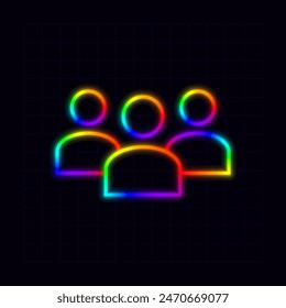 Users meeeting icon, neon rainbow visuals, gradient mesh graphics, glowing colorful aesthetic.