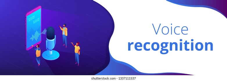 Users with microphone talk to voice assistant in smartphone. Personal voice assistant, voice recognition, soundwave intelligent technologies concept. Isometric 3D banner header template copy space.