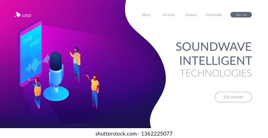 Users with microphone talk to voice assistant in smartphone. Personal voice assistant, voice recognition, soundwave intelligent technologies concept. Isometric 3D website app landing web page template