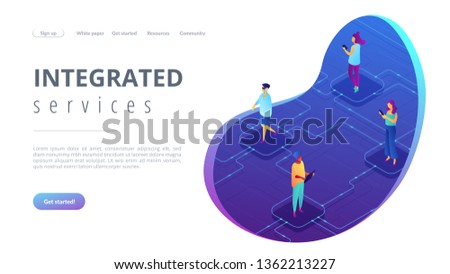 Users with mobile gadgets communicating in social network. Social media app and chat, integrated services and internet communication concept. Isometric 3D website app landing web page template