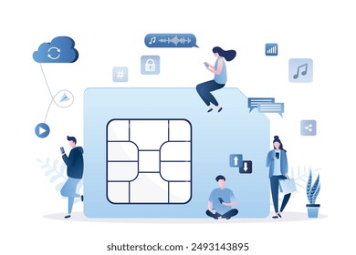 Users near to large sim card and uses smartphones. Mobile internet, fast wireless connection for call, communication, video viewing. Wireless communication technology. Fast data transfer speed. vector