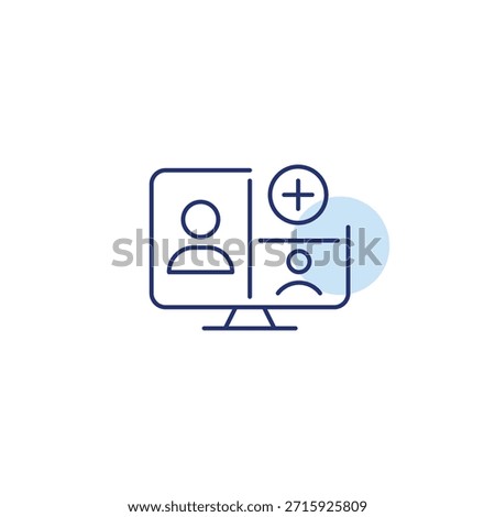 Users on conference video call and plus. Computer monitor. Remote job, connection and learning. Pixel perfect, editable stroke vector icon