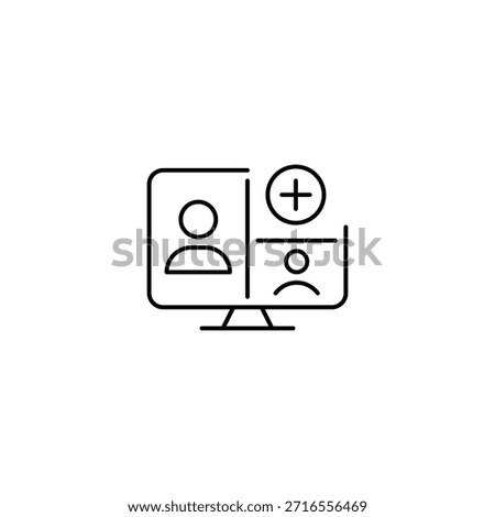 Users on conference video call and plus. Computer monitor. Remote job, connection and learning. Pixel perfect, editable stroke vector icon