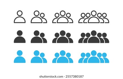 Users, People, Human, Person, Organization icon set. Outline and SolidBlack Color. Indicating leader, team, group, participants, members, community, population, audience. Vector symbol, sign.