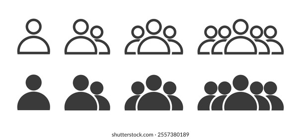 Users, People, Human, Person, Organization icon set. Outline and SolidBlack Color. Indicating leader, team, group, participants, members, community, population, audience. Vector symbol, sign.