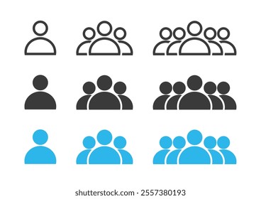 Users, People, Human, Person, Organization icon set. Outline and SolidBlack Color. Indicating leader, team, group, participants, members, community, population, audience. Vector symbol, sign.