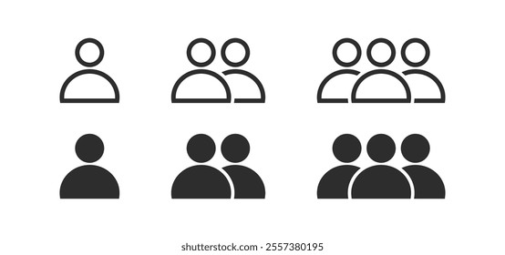 Users, People, Human, Person, Organization icon set. Outline and SolidBlack Color. Indicating leader, team, group, participants, members, community, population, audience. Vector symbol, sign.