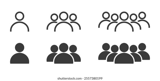 Users, People, Human, Person, Organization icon set. Outline and SolidBlack Color. Indicating leader, team, group, participants, members, community, population, audience. Vector symbol, sign.