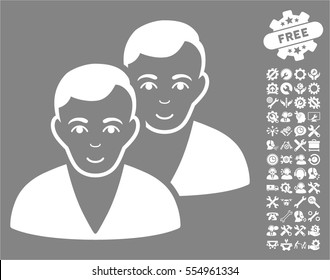 Users pictograph with bonus tools design elements. Vector illustration style is flat iconic white symbols on gray background.