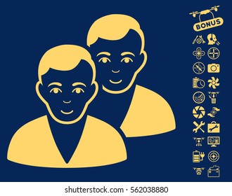 Users pictograph with bonus uav tools symbols. Vector illustration style is flat iconic yellow symbols on blue background.