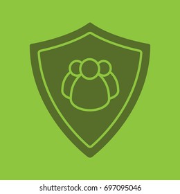 Users protection glyph color icon. Collective security. Silhouette symbol. Protection shield with group of people. Negative space. Vector isolated illustration