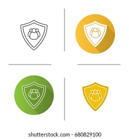Users protection icon. Flat design, linear and glyph color styles. Collective security. Protection shield with group of people. Isolated vector illustrations