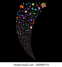 Users random fireworks stream. Vector illustration style is flat bright multicolored iconic symbols on a black background. Object fountain organized from scattered icons.